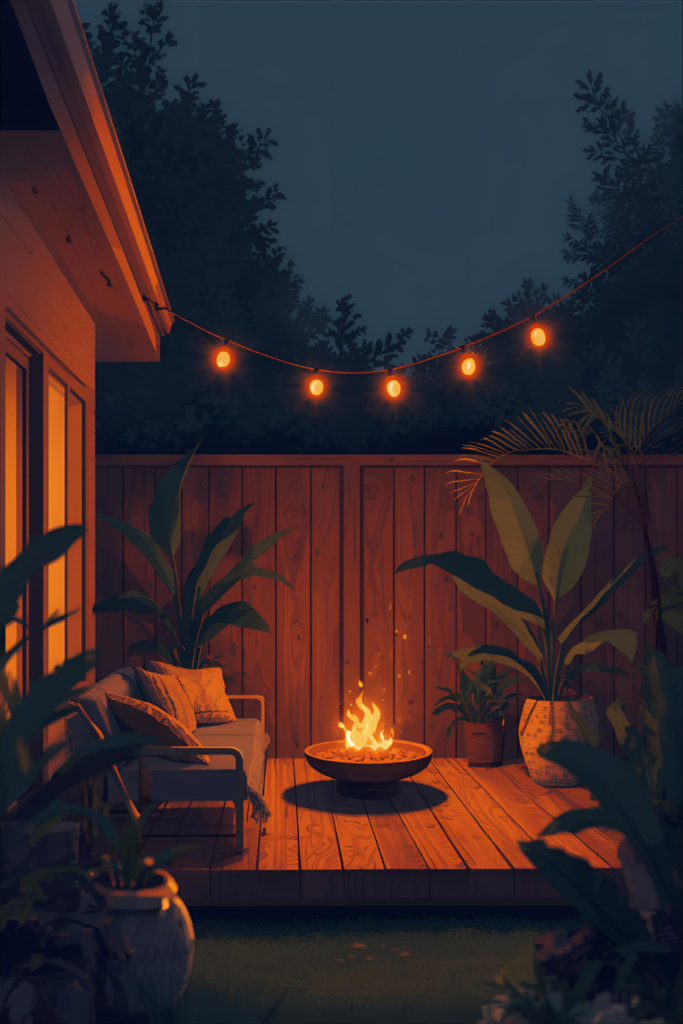 Small backyard with string lights, cozy evening setting, warm outdoor ambiance