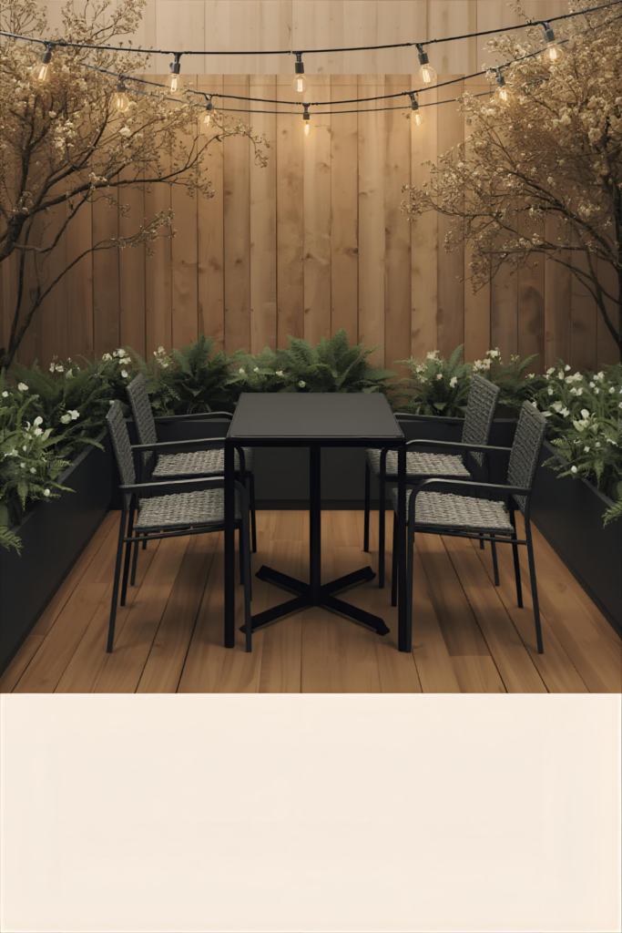 Small backyard dining area, compact table and chairs, modern outdoor setup