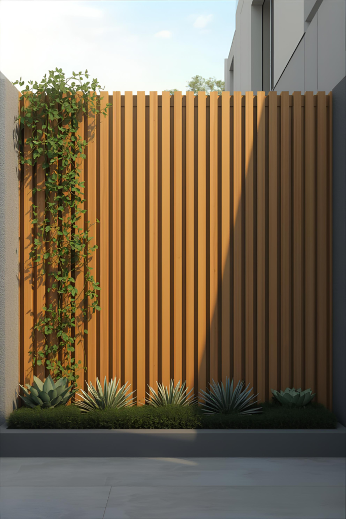  Small backyard privacy screen, modern wooden slats, greenery accents