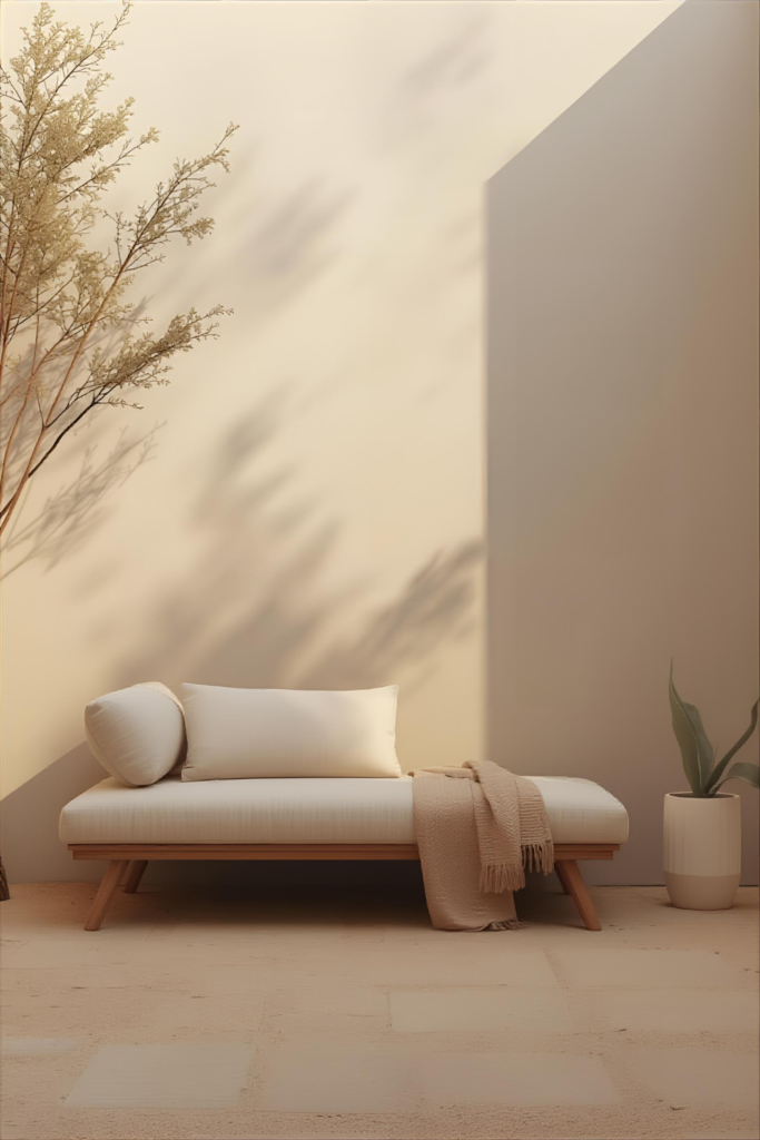 Small backyard with neutral color palette, minimalist furniture, soft natural lighting