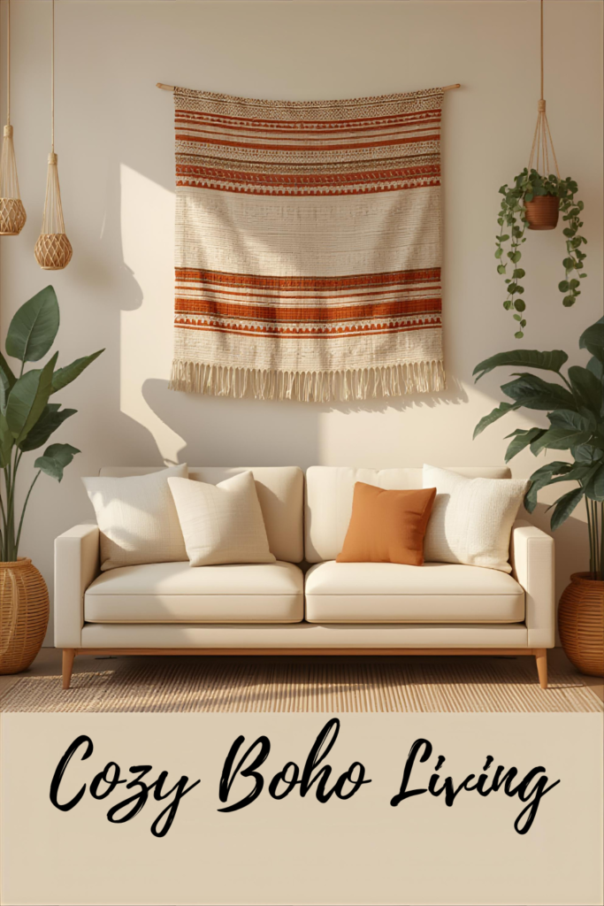 Boho-style living room with woven wall hanging, neutral sofa, indoor plants, warm tones, cozy Pinterest décor aesthetic