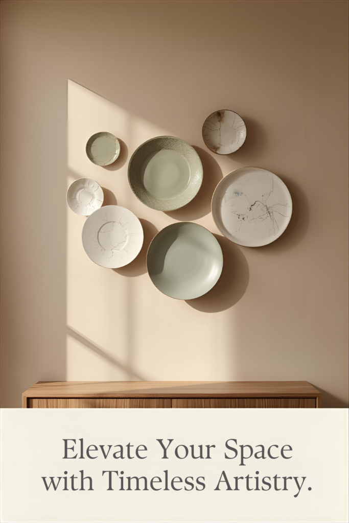 Living room wall with decorative artistic plates, elegant arrangement, neutral background, Pinterest home décor photograph
