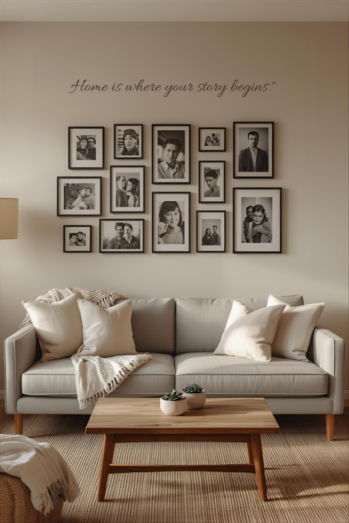 Living room with personalized photo wall, matching frames, cozy neutral décor