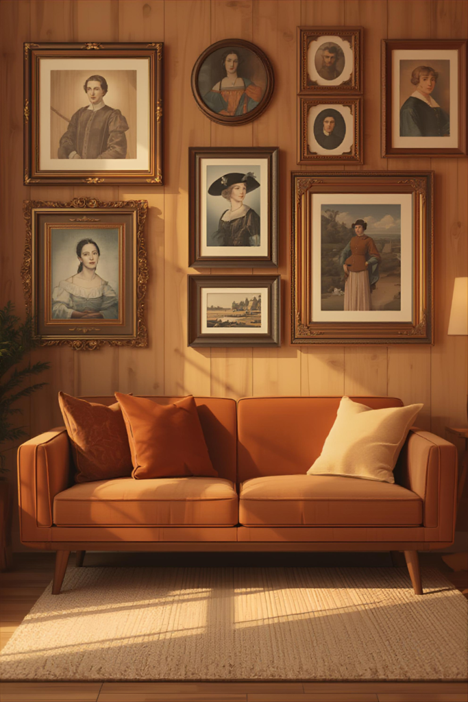 Living room with vintage wall frames, classic artwork, warm tones, elegant.