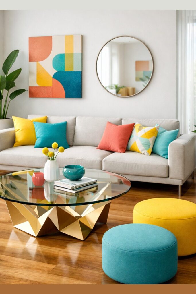 Bright modern living room with bold yellow, turquoise, and coral accents, sleek contemporary sofa, round glass coffee table with geometric base, polished wooden floor, large windows with natural light, indoor plants, minimal wall art, and vibrant, clutter-free modern interior design.