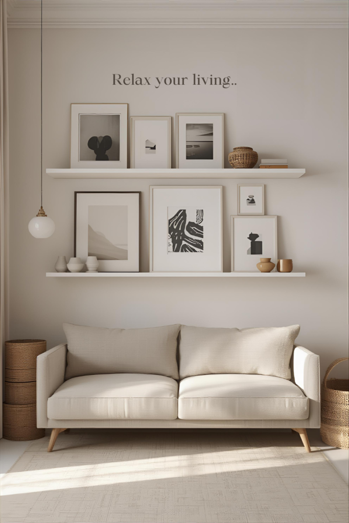 Living room with layered wall art on shelves, modern neutral décor, relaxed.