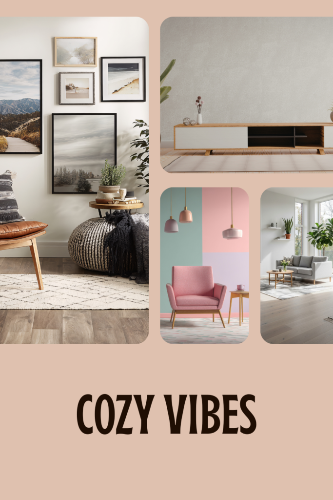 Living room with natural wall art, earthy tones, wooden furniture, calm.