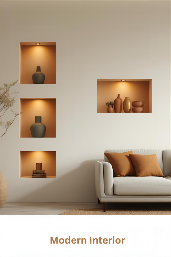 Living room with built-in wall niches, decorative vases, warm lighting, modern interior.
