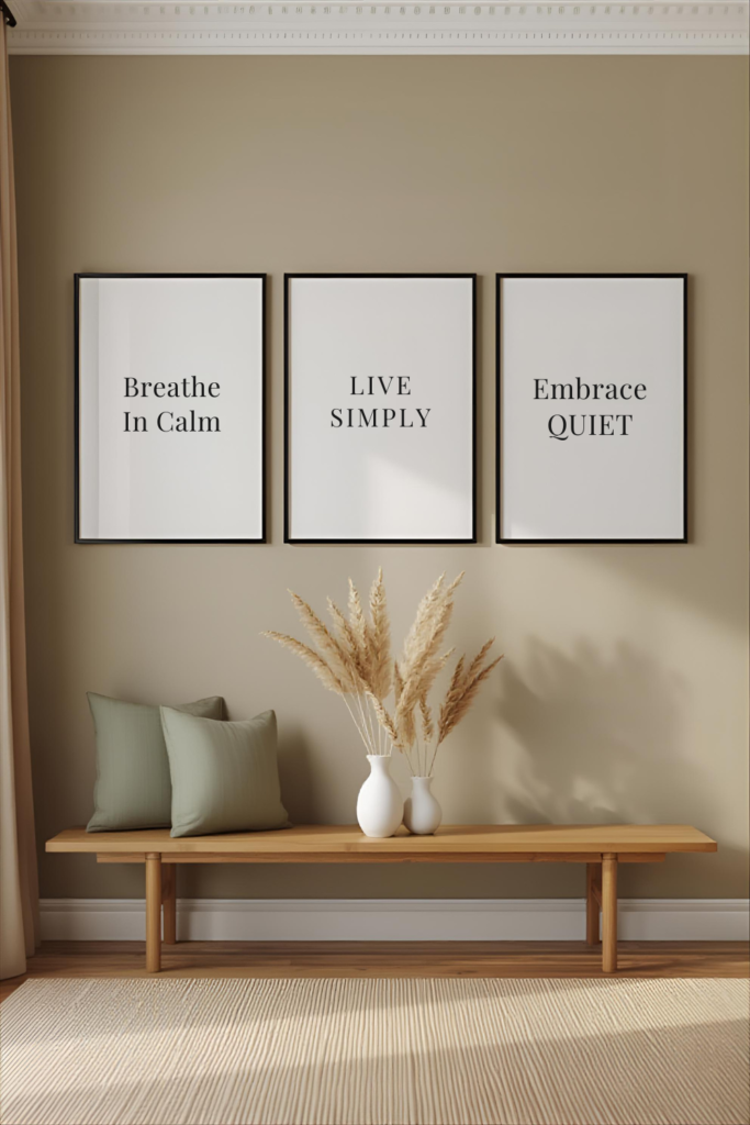 Living room wall with framed typography art prints, minimalist décor, neutral color palette.
