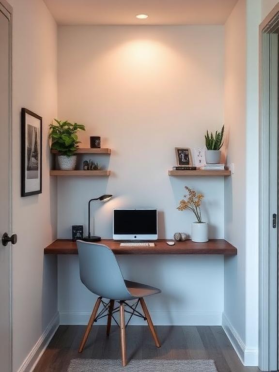 Small home office corner with wall-mounted desk, floating shelves, soft lighting, modern decor