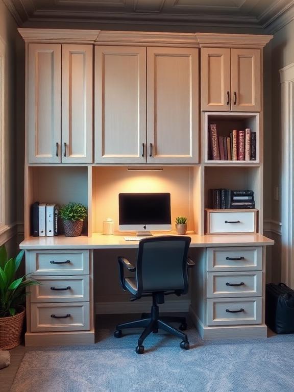 Home office with storage cabinets, organized workspace