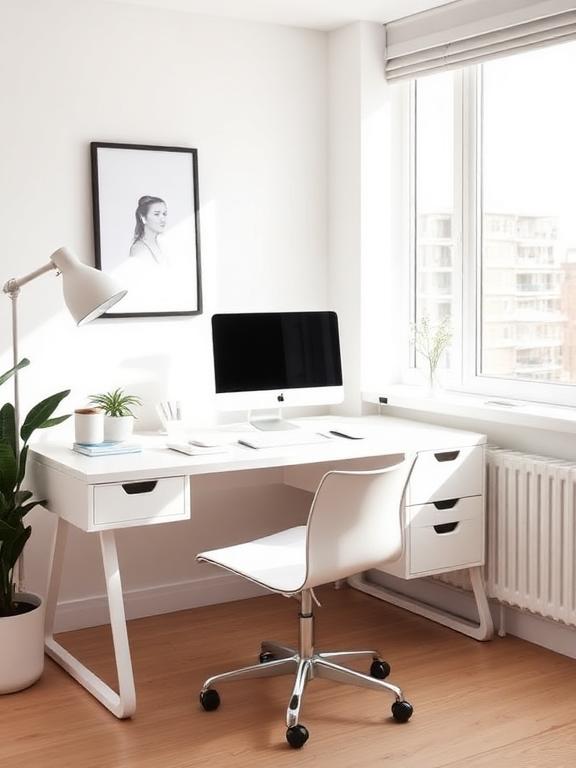 Minimalist home office with white desk, neutral tones, natural light, modern chair, clean workspace