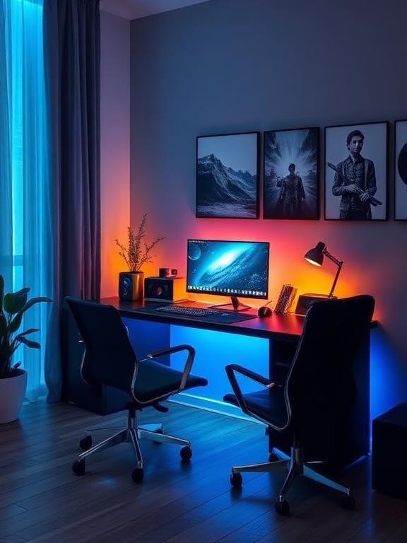 Home office with accent lighting, LED desk setup, modern interior