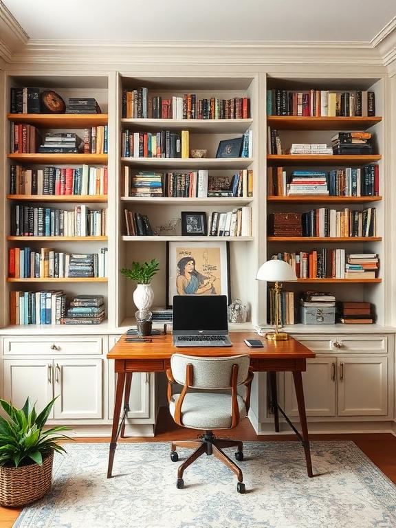 Home office with built-in shelves, organized books, wooden desk, stylish decor