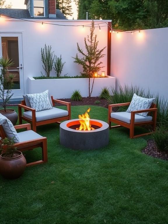 Small backyard with compact fire pit, cozy seating, minimal lawn, modern clean design, warm evening light, Pinterest style, space for text overlay