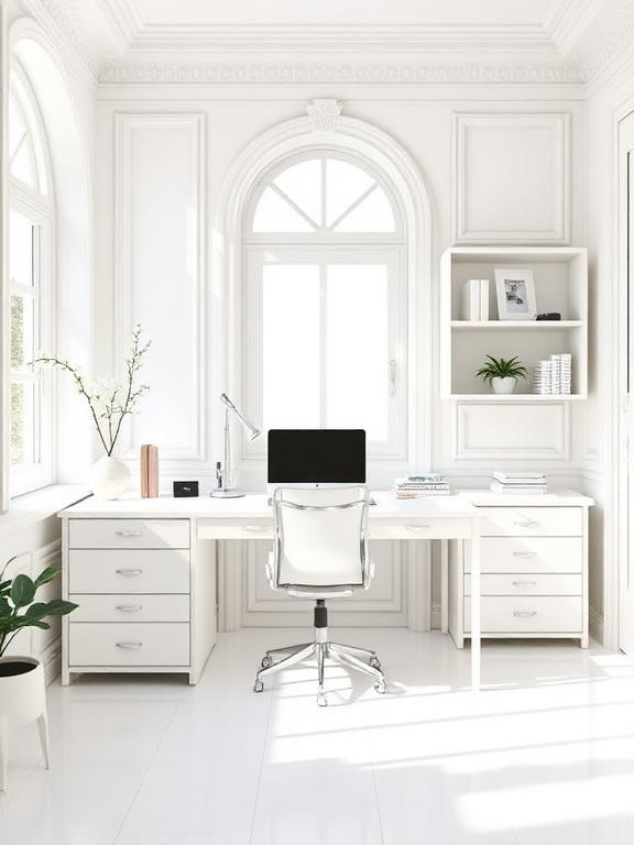 Elegant white home office with white desk, bright interior, minimal decor
