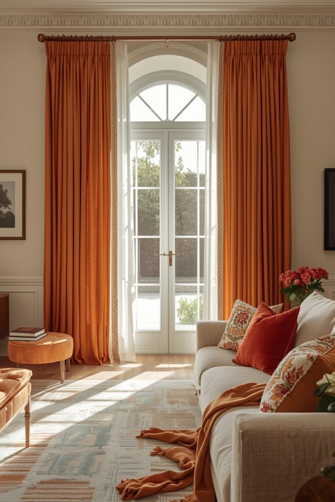 “Bold, floor-to-ceiling curtains in a living room, coordinated with cushions and a rug, adding color, texture, and elegance.”