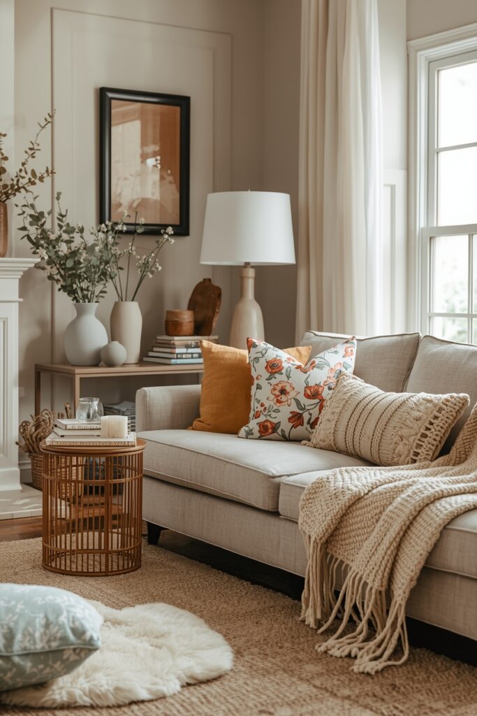 “Living room styled with seasonal decorative items including summer florals, winter warm textures, and festive holiday décor, keeping the space fresh and inviting.”