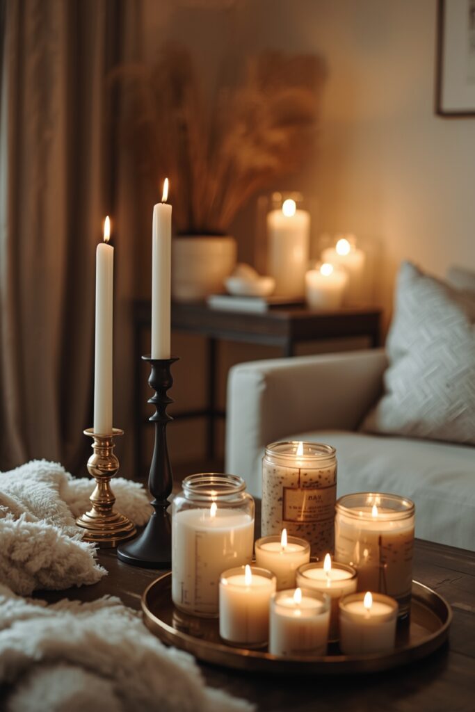 “Decorative candles in elegant holders, including taper, pillar, and scented candles, creating a warm and relaxing ambiance in a living room corner.”