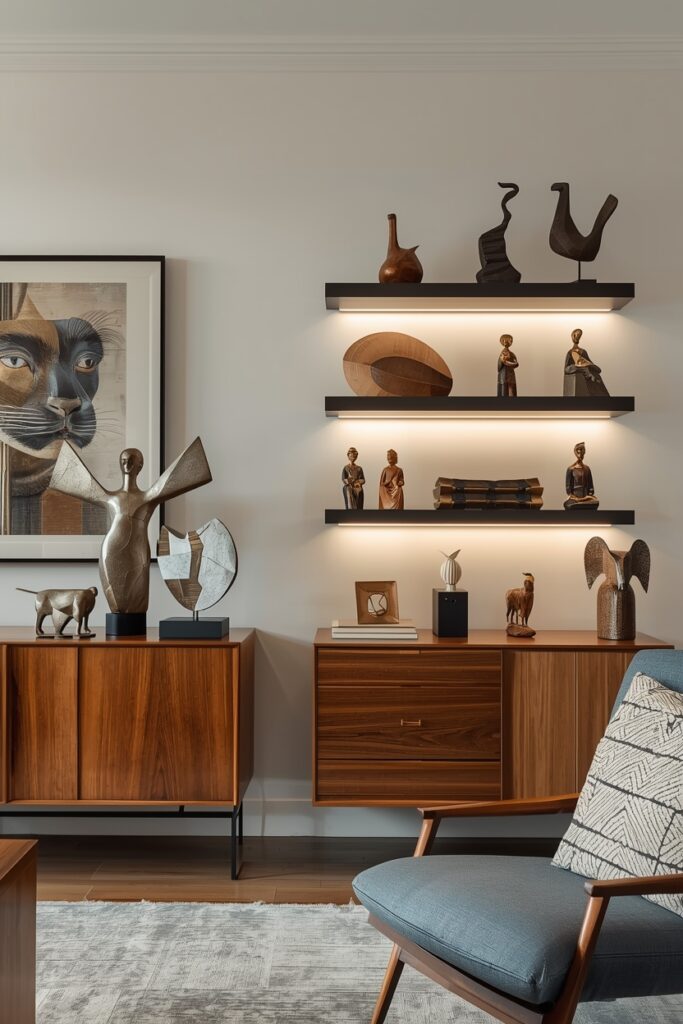 “Abstract, cultural, and wooden figurines and sculptures displayed in a living room, adding artistic character and style.”