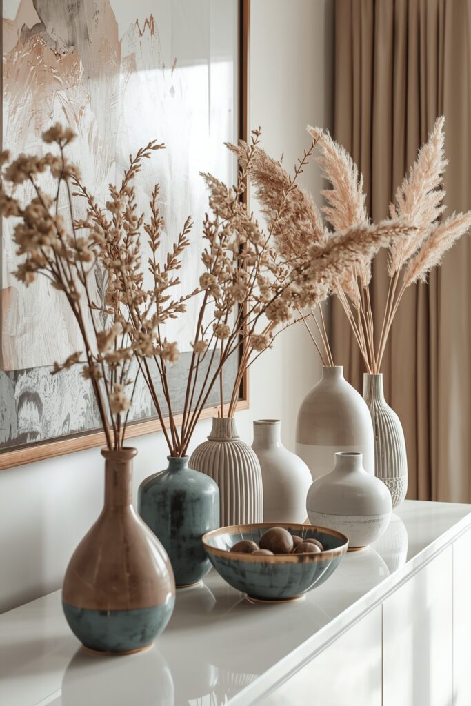 Decorative ceramic and glass vases with fresh and dried flowers, arranged in groups with a decorative bowl, adding elegance to a living space.