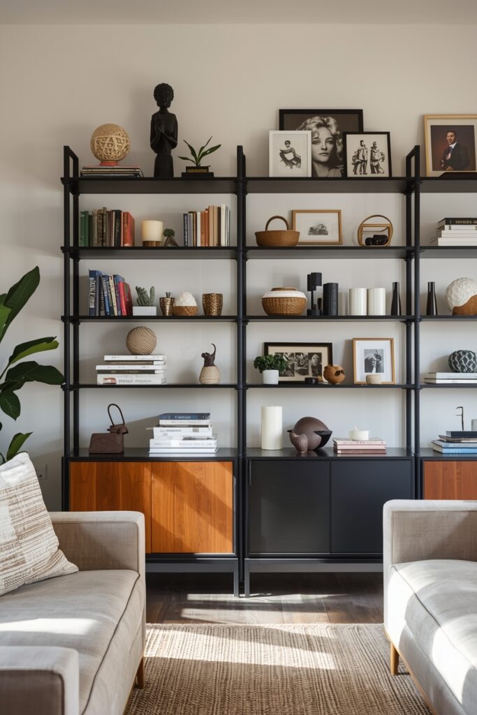 “Decorative wall shelves displaying books, small plants, figurines, candles, and photo frames in a stylish living room, combining organization and décor.”