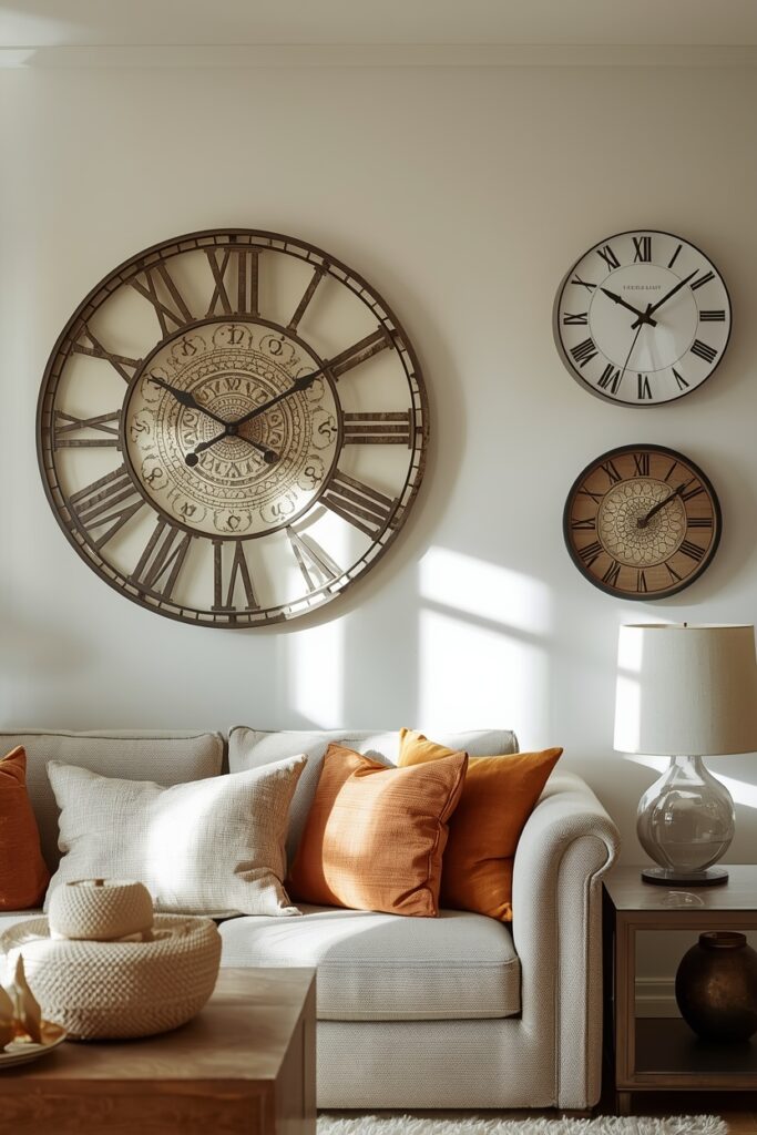 “Vintage, minimalist, and oversized wall clocks displayed in a living room, adding style and functionality to the décor.”