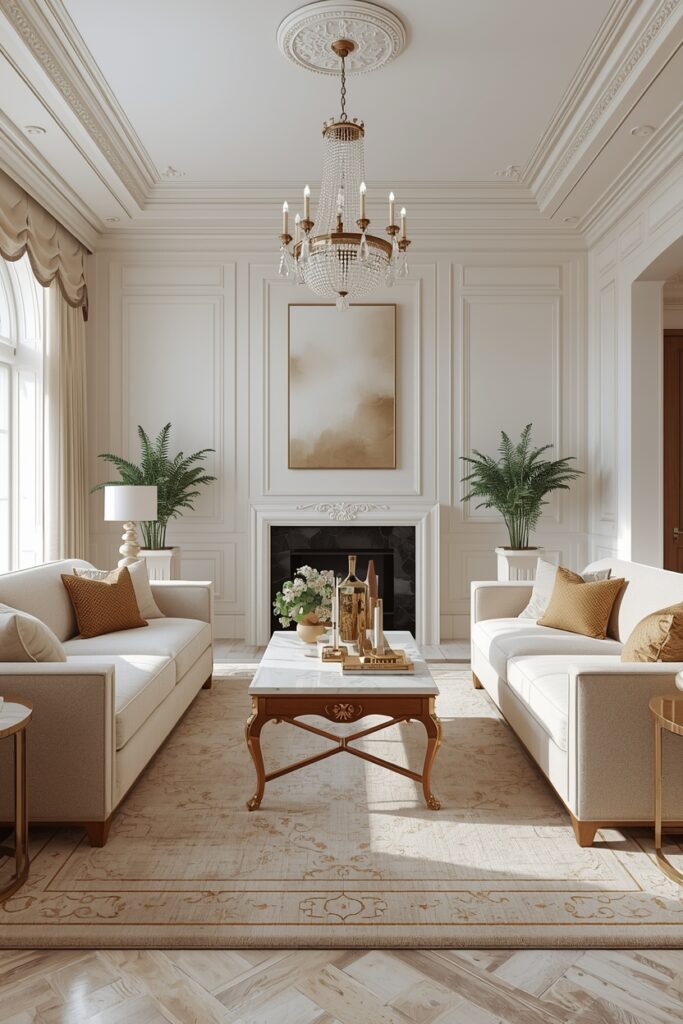 Bright classic living room with cream and beige tones, velvet cushions, silk curtains, symmetrical sofas, ornate marble coffee table, crystal chandelier, large windows with natural light, elegant wall molding, indoor plants, and a balanced, luxurious interior design.