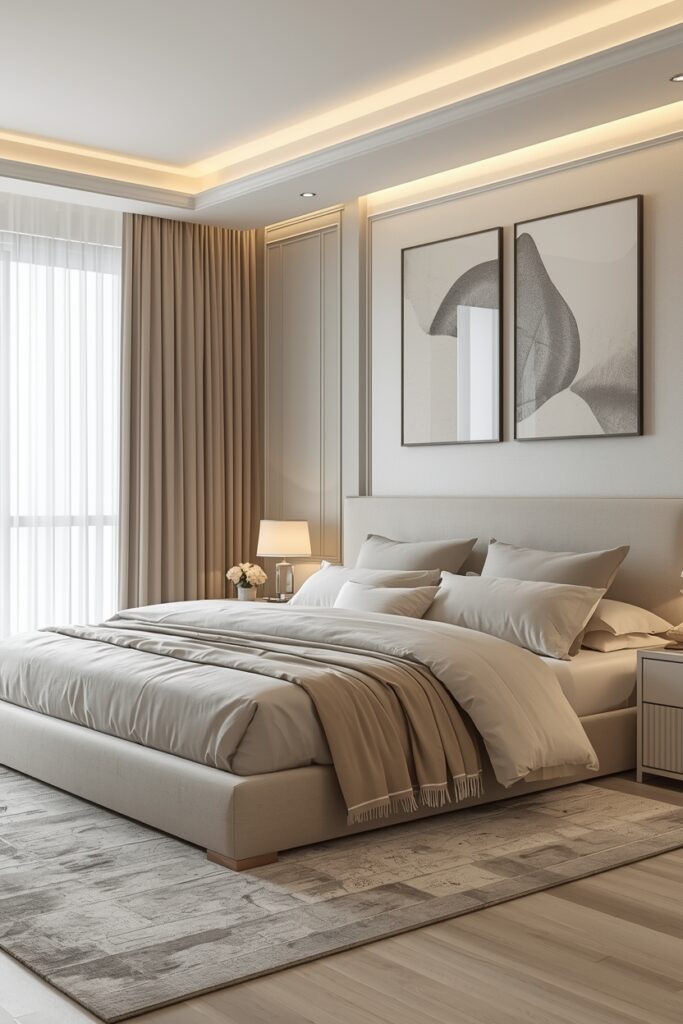 Calming neutral bedroom with beige, cream, and soft grey decor creating a peaceful and elegant space.