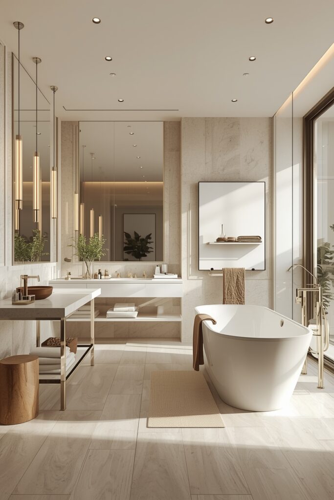 Luxury modern bathroom with neutral colors, freestanding bathtub, glass shower enclosure, minimalist vanity, marble or wooden flooring, large mirrors, layered lighting, indoor plants, soft towels, and a clean,