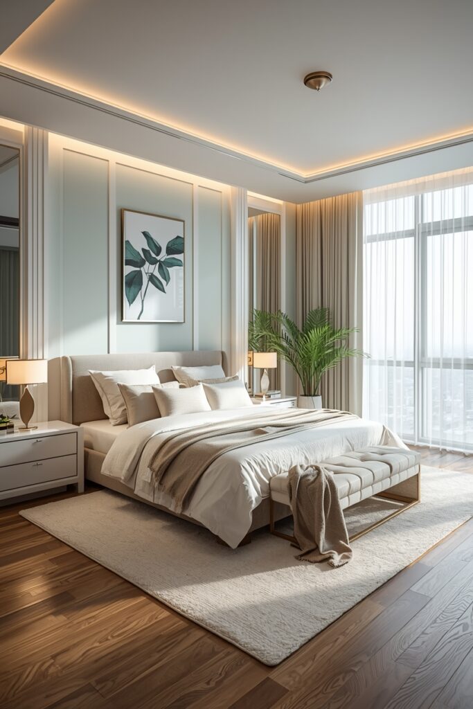 Luxury bedroom with soft beige, dusty rose, or earthy grayish-green tones, plush bed with cozy linens and pillows, minimal clutter, elegant bedside tables, ambient lighting, area rug, indoor plants, large windows with natural sunlight, and a calm, cozy, and luxurious interior design.