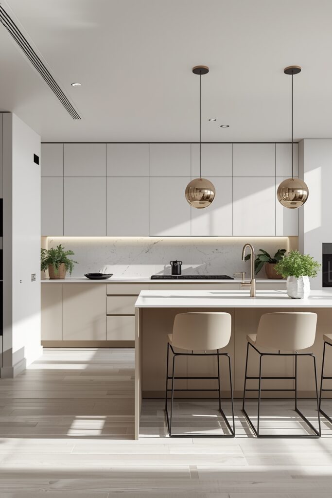 Luxury modern kitchen with minimalist cabinetry, clean surfaces, smart storage, designer island with bar stools, polished flooring, pendant and under-cabinet lighting, indoor plants, seamless appliance integration, and a bright, functional, and visually balanced interior.