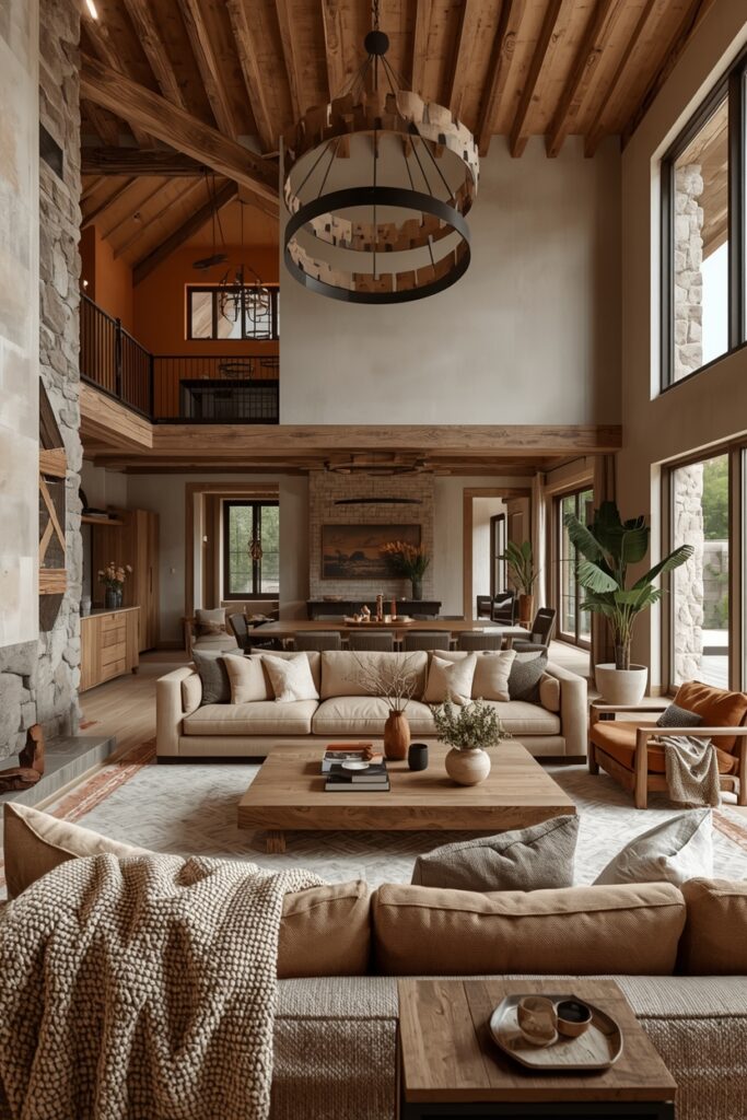 Luxury rustic living room with exposed wooden beams, stone accent walls, earthy color palette, handcrafted wooden coffee table, plush sofa with textured cushions, soft throw blankets, rustic chandelier, indoor plants, natural sunlight through large windows, and a warm, cozy, elegant interior design.