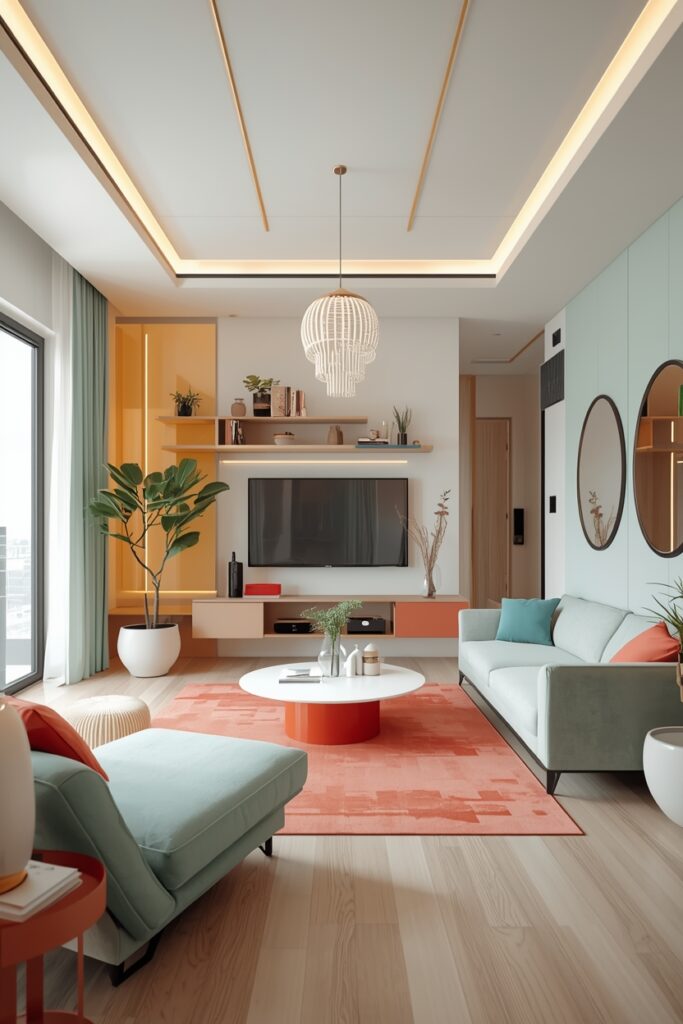 Luxury small living room with vibrant colors (mint, coral, turquoise, yellow), compact minimalist furniture, sleek coffee table, floating shelves, indoor plants, wall mirrors, polished wooden flooring, bright natural light, and a functional, airy, and stylish interior layout