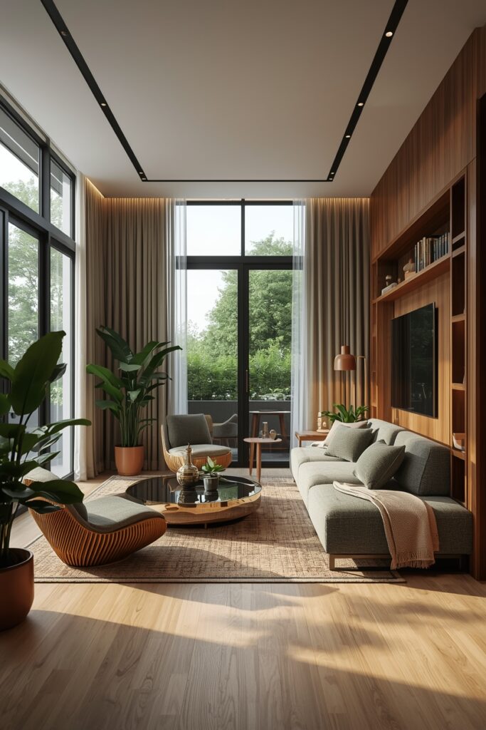 Small modern living room with earthy grayish-green tones, compact sofa with textured cushions, sculptural coffee table, natural light from floor-to-ceiling windows, floating shelves, indoor plants, layered lighting, polished wooden flooring, and cozy, visually spacious interior design.