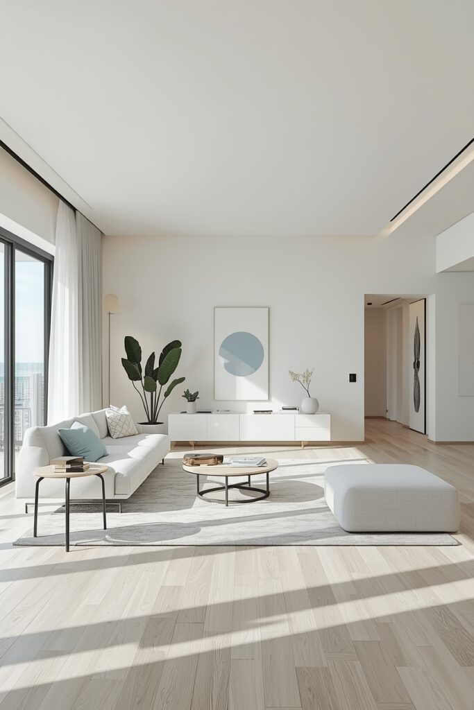 Minimalist living room with neutral colors, sleek sofa, low-profile wooden coffee table, large windows with natural light, minimal wall art, indoor plants in simple planters, open uncluttered space