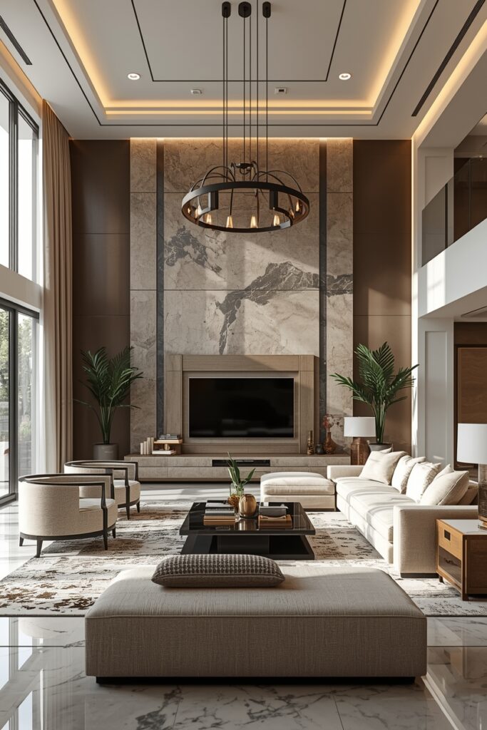 Luxury living room highlighting layered lighting design, natural light through large windows, warm ambient lighting, modern and Scandinavian furniture, classic and rustic accents, elegant coffee table, indoor plants, polished flooring, and a bright, airy, and luxurious interior.