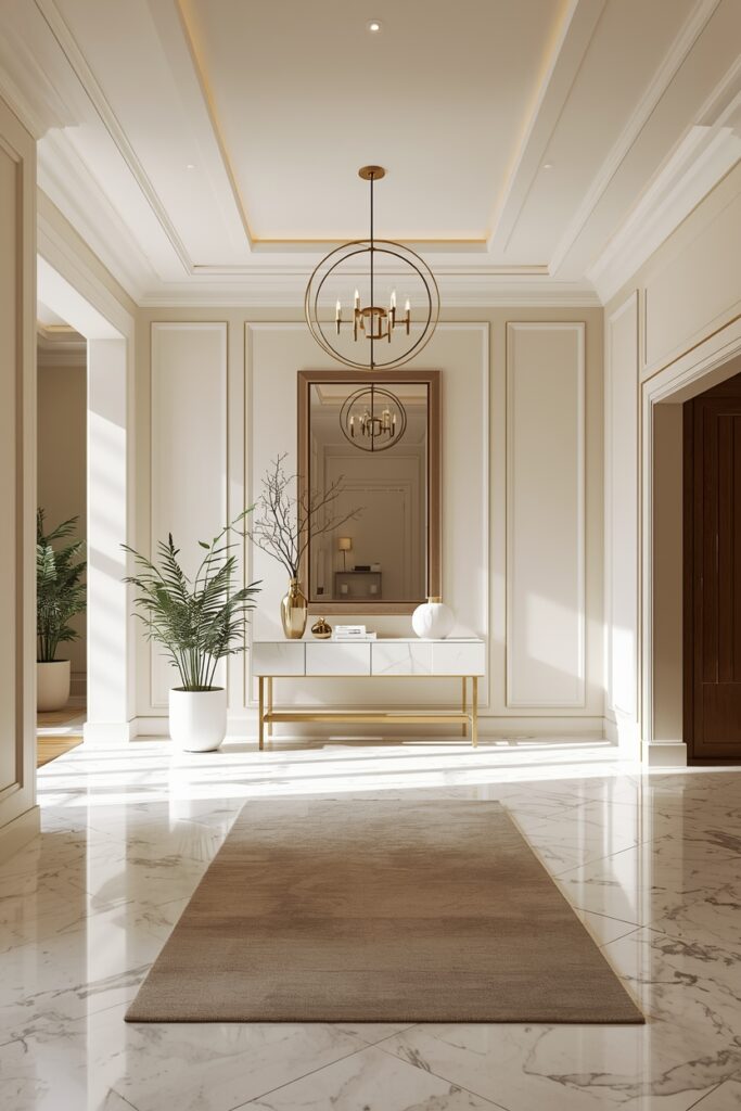 Create a luxurious and welcoming entryway that sets the tone for your home. Featuring bright, elegant interiors, a neutral color palette with gold or brass accents, a sleek console table with sculptural décor, large designer mirror, polished flooring, stylish lighting, and indoor plants, this space is both functional and visually stunning. Perfect for homeowners who value elegance, organization, and a memorable first impression.