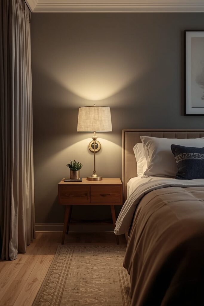 Cozy bedroom with soft ambient lighting from bedside lamps and warm LED lights.
