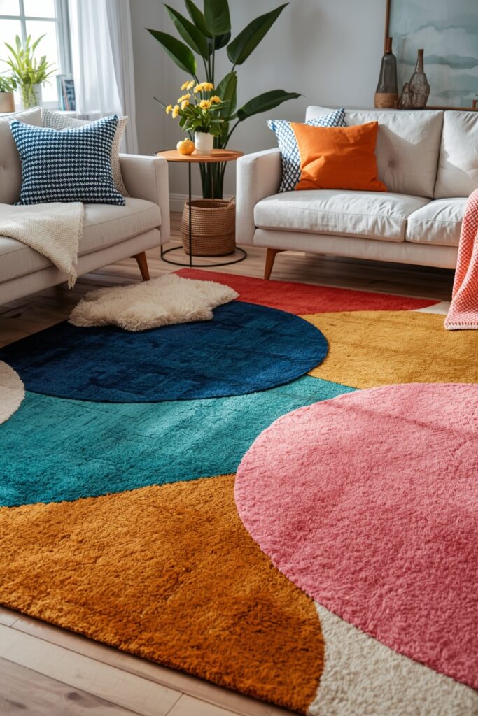 “Colorful patterned rug in a living room, complemented by neutral furniture, bright cushions, and natural light, adding warmth and style to the space.”