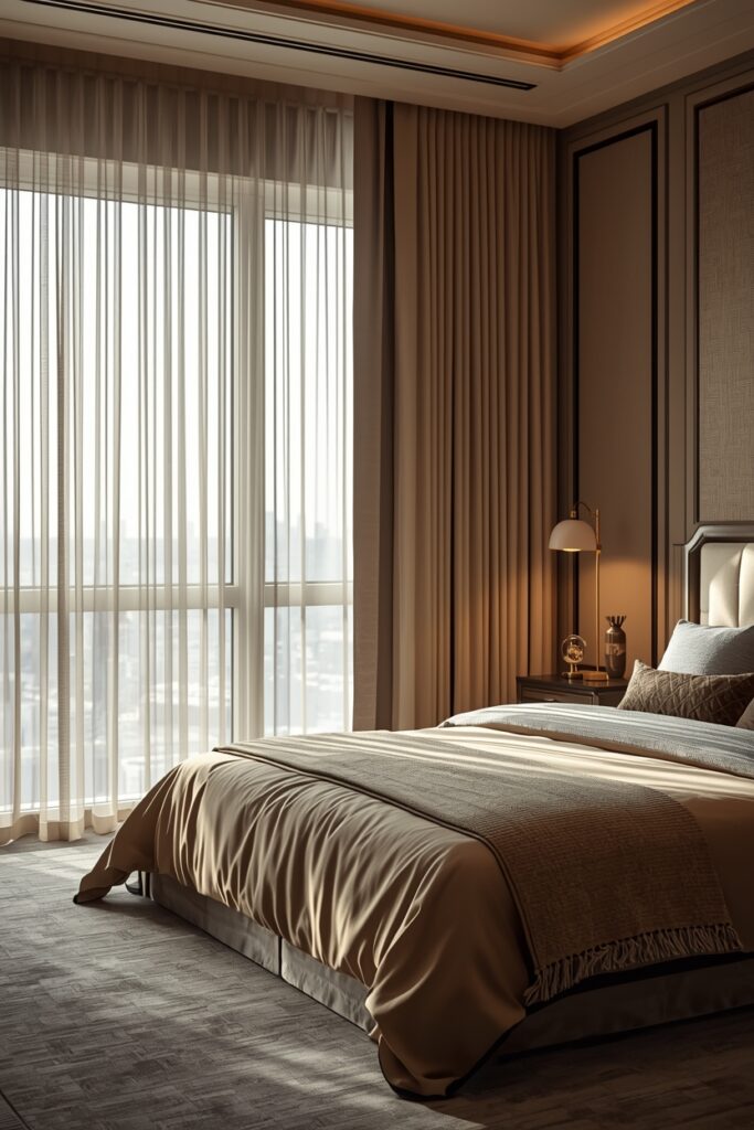Luxury bedroom with floor-to-ceiling curtains framing the windows and complementing the decor.