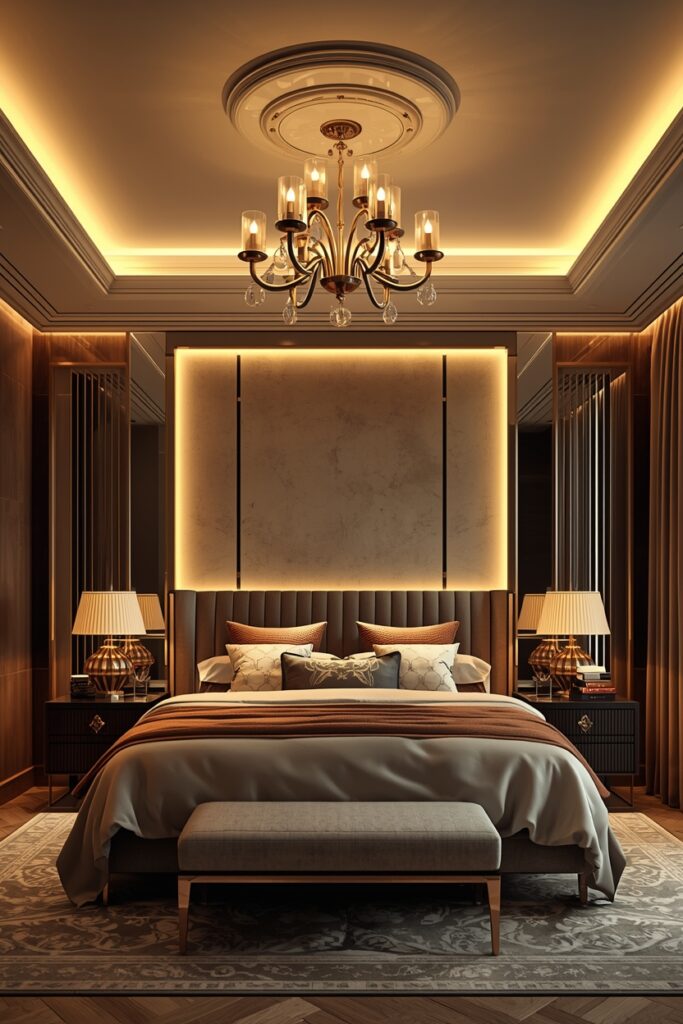 Luxury bedroom with layered lighting including chandelier, bedside lamps, and accent LED lights.