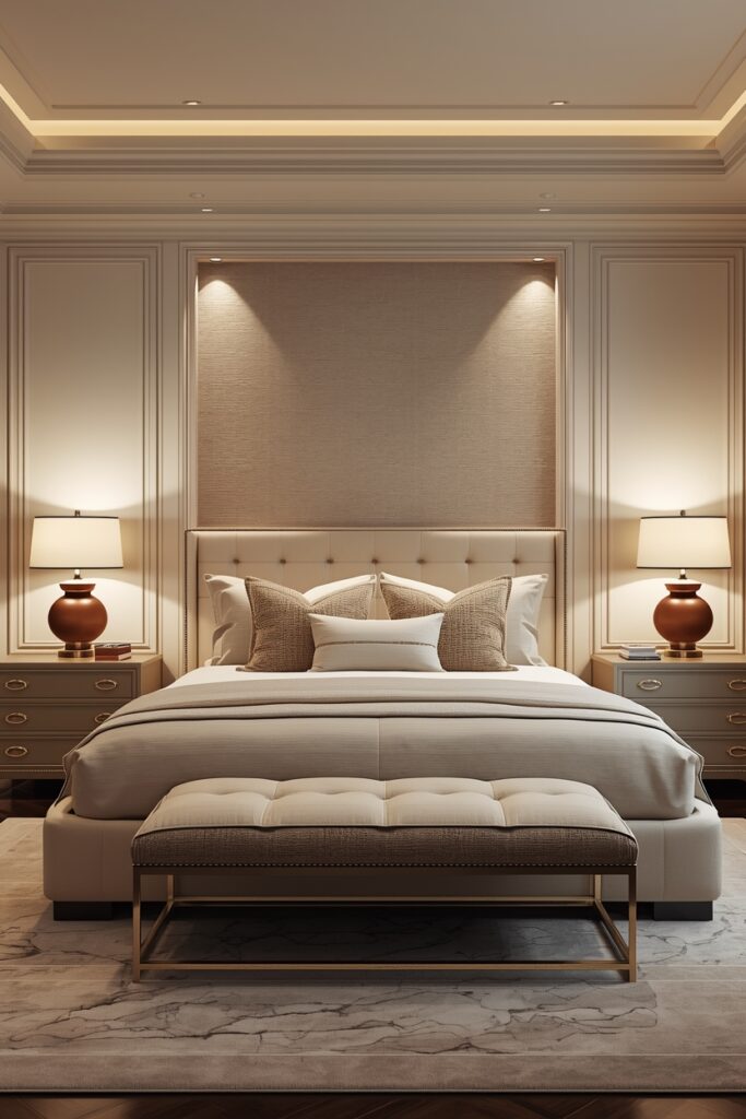 Luxury bedroom with symmetrical decor featuring matching bedside tables and lamps.