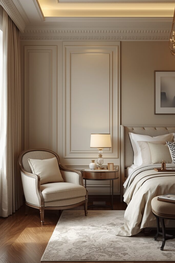 Cozy bedroom reading nook with an armchair, side table, and warm lighting.