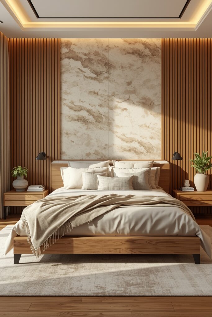 Elegant bedroom with wooden furniture, stone accents, and indoor plants for a natural, calming feel.