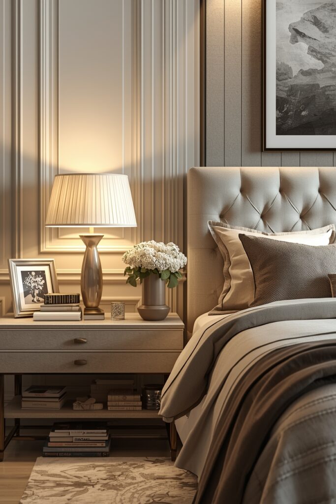 Luxury bedroom with framed photos, books, and personal decor items on the bedside table.