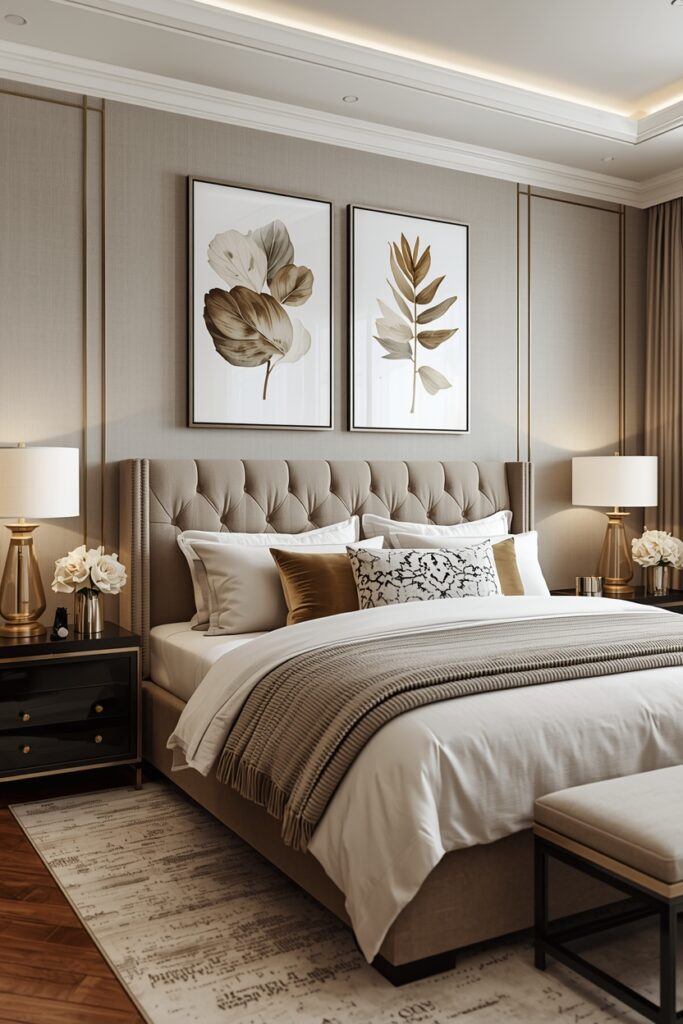 Elegant bedroom with curated wall art above the bed, matching the color palette and style.