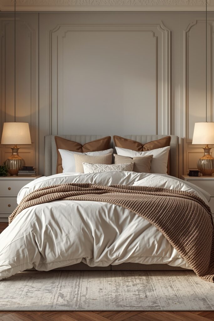 Elegant bedroom with layered bedding, decorative cushions, and a cozy throw blanket.