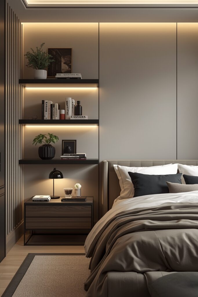 Modern bedroom with floating shelves displaying plants, books, and decorative items.