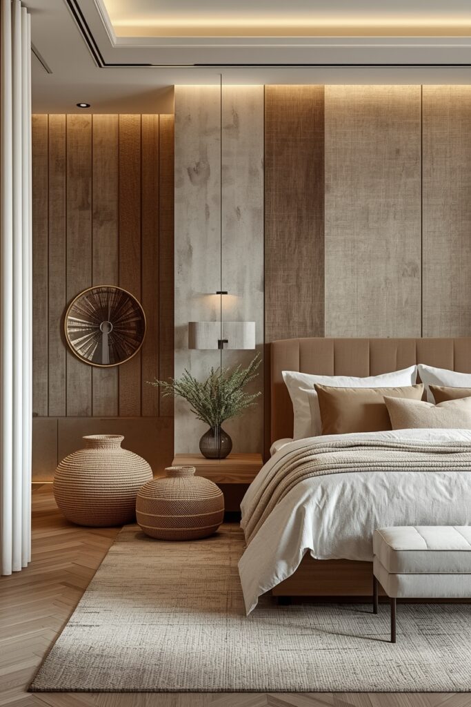 Elegant neutral bedroom with soft cushions, woven baskets, and textured wall panels.